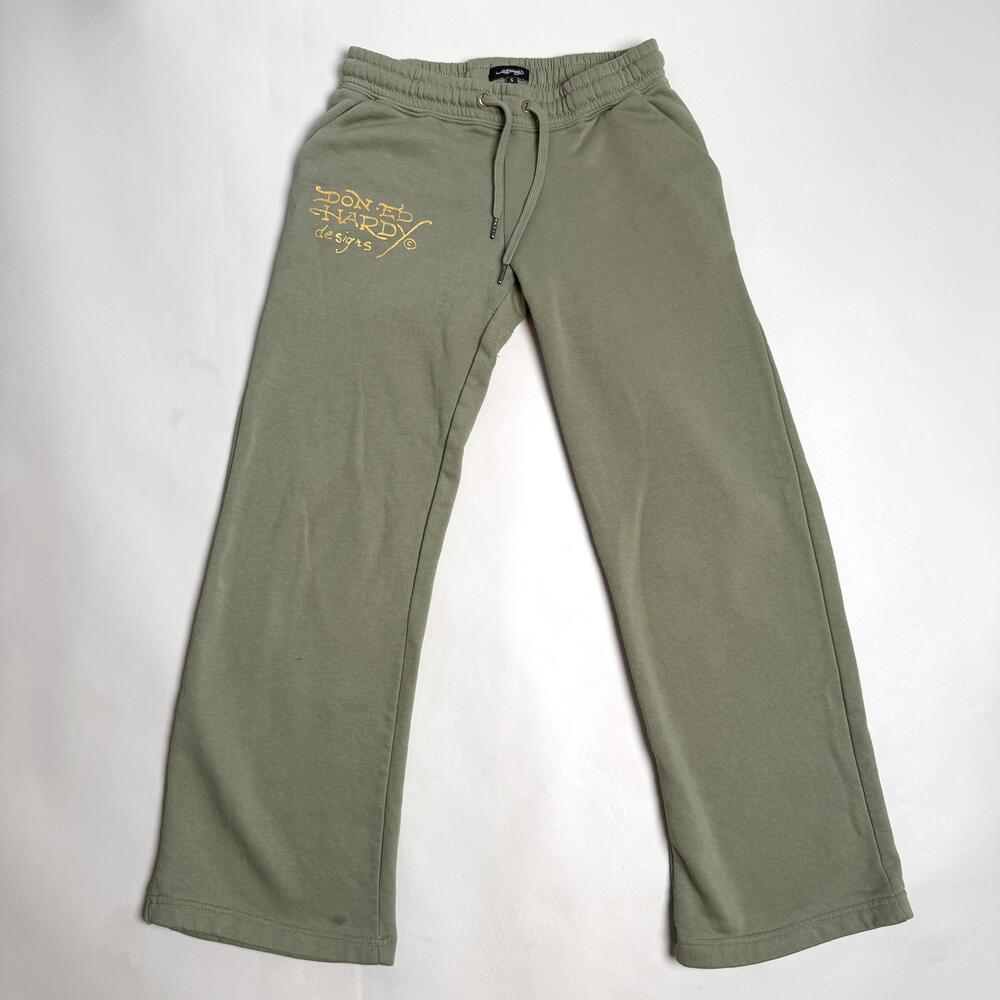 Ed Hardy Pants Womens Small Green Fleece Sweatpants Tattoo Skull Heart Graphic